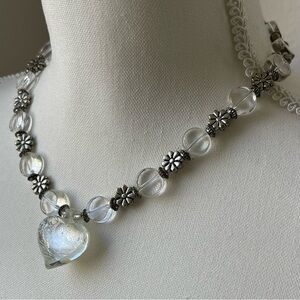 Set of Heart Glass Pendant Floral Silver Tone Lucite Acrylic Earrings Necklace